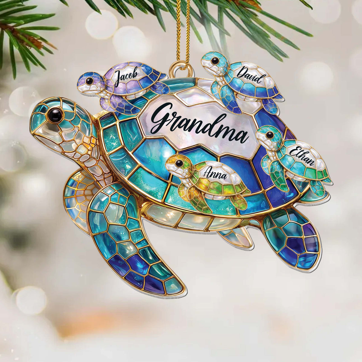 Personalized Grandma Sea Turtle Ornament With Grandkids’ Names - Custom Acrylic Christmas Ornament, Stained Glass-Inspired Turtle Family Gift for Grandma - FAM002_ACO