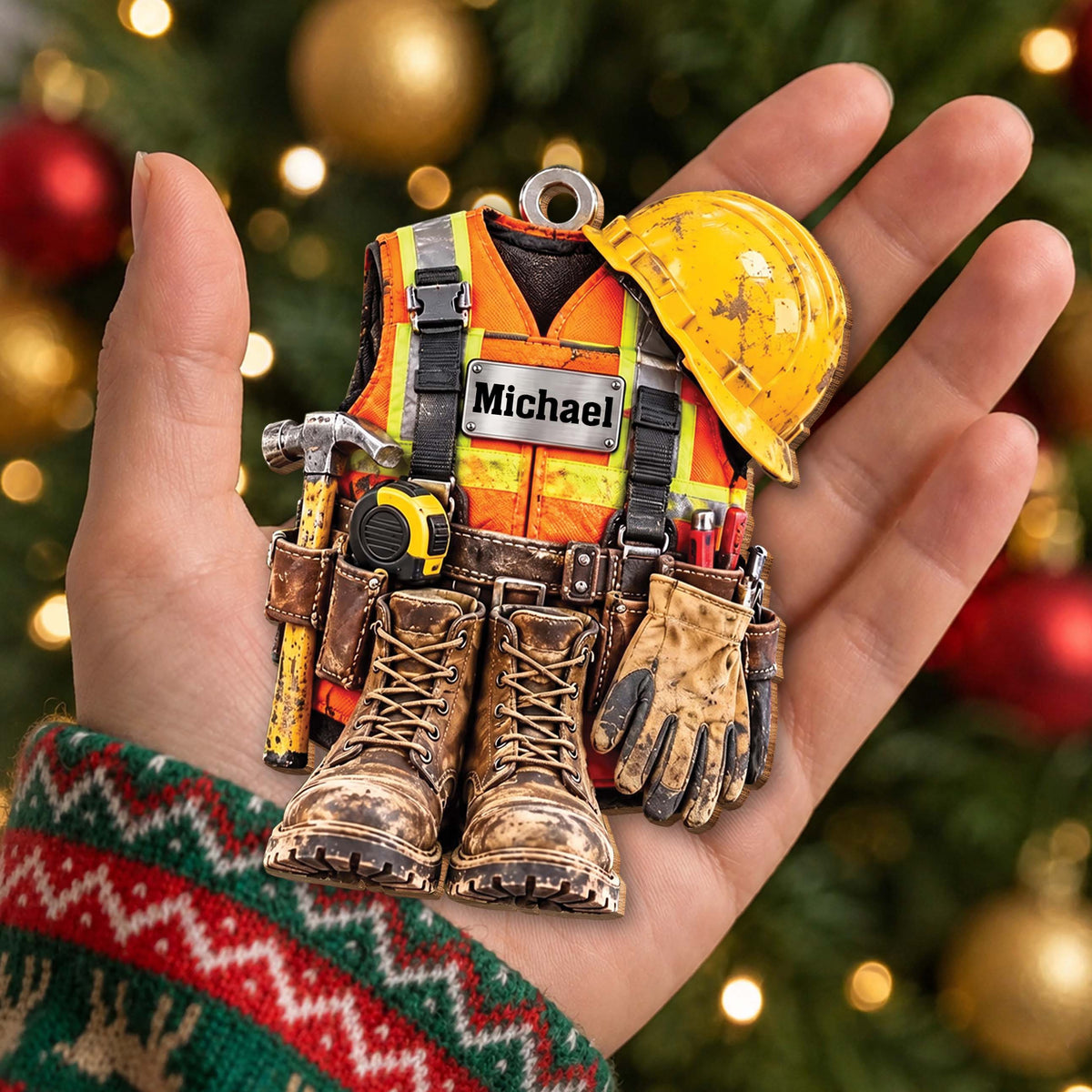 Personalized Construction Worker Wooden Ornament – Custom Name Hard Hat & Vest Christmas Tree Decor, Patriotic Christmas Gift For Handyman - JBS015_WDO