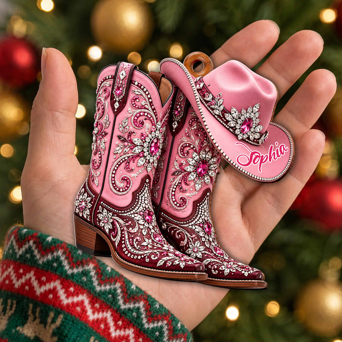 Personalized Pink Cowgirl Boots & Hat Ornament – Custom Western Christmas Ornament, Rhinestone Cowboy Gift for Her – FAM003_WDO