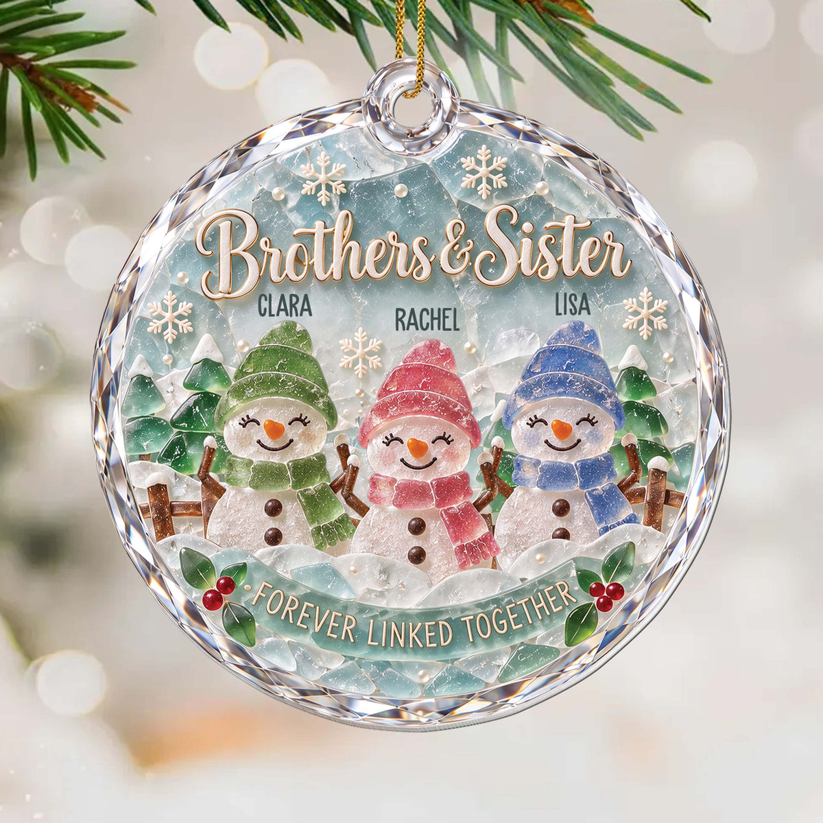 Personalized Sibling Snowman Ornament With Names - Custom Sea Glass-Inspired Acrylic Christmas Ornament, Forever Linked Together Gift for Brothers & Sisters - FAM005_ACO