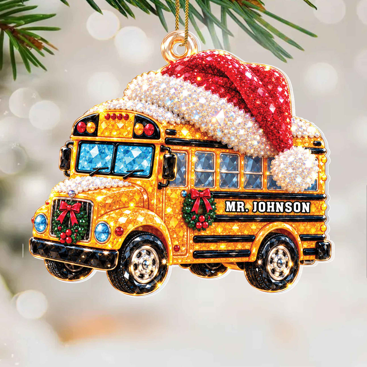 Personalized School Bus Christmas Ornament with Santa Hat & Crystal-Effect Design – White Acrylic Ornament, Bus Driver Gift – JBS005_ACO