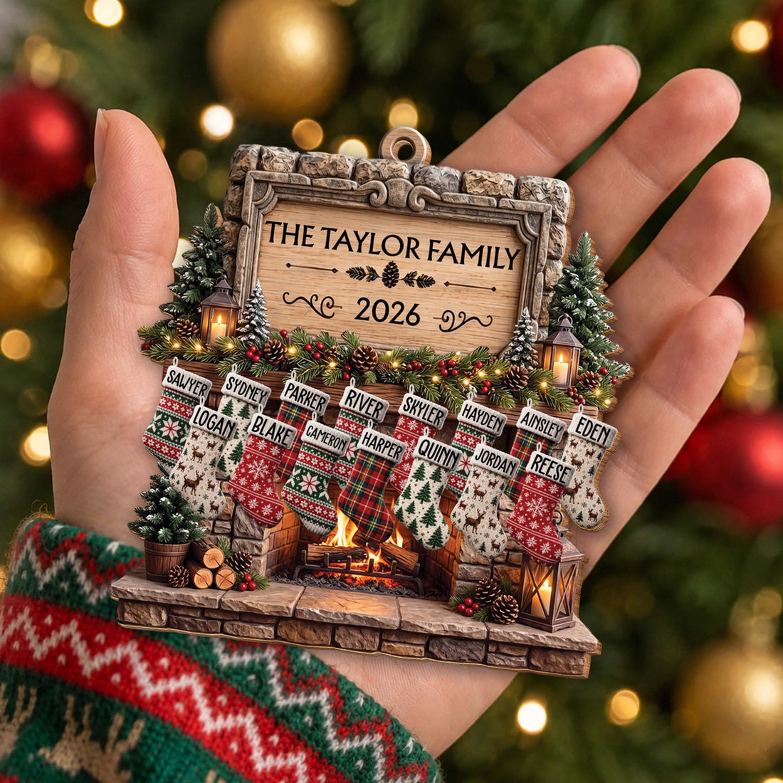 Personalized Family Fireplace Wooden Ornament – Custom Christmas Tree Decor with Stockings and Names, Festive Holiday Gift - FAM009_WDO