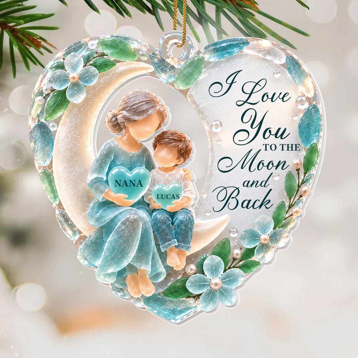 Nana & Grandson Moonlight Keepsake – Personalized Sea Glass Heart Acrylic Ornament, Christmas Gift – GRK002_ACO