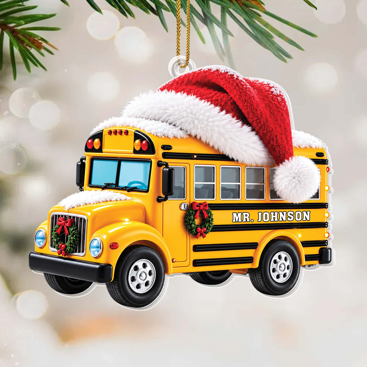 Personalized School Bus With Santa Hat & Christmas Wreath - White Acrylic Ornament - JBS004_ACO