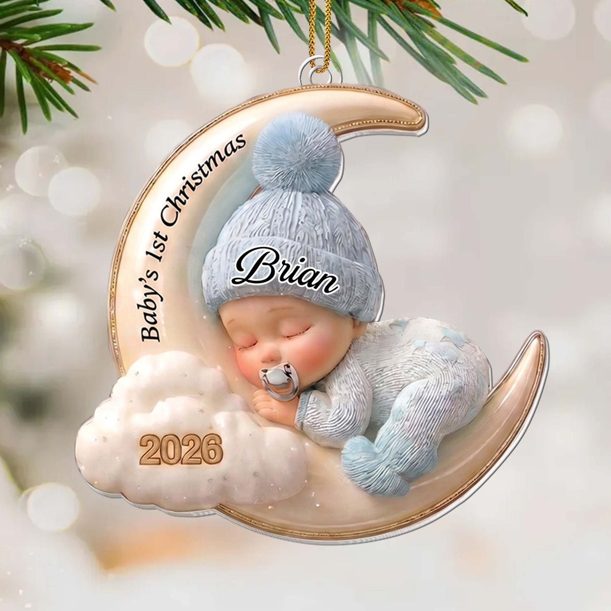 Personalized Baby's 1st Christmas Acrylic Ornament – Custom Name Blue Moon and Cloud Christmas Tree Keepsake, Baby Boy Holiday Gift - XMAS011_ACO