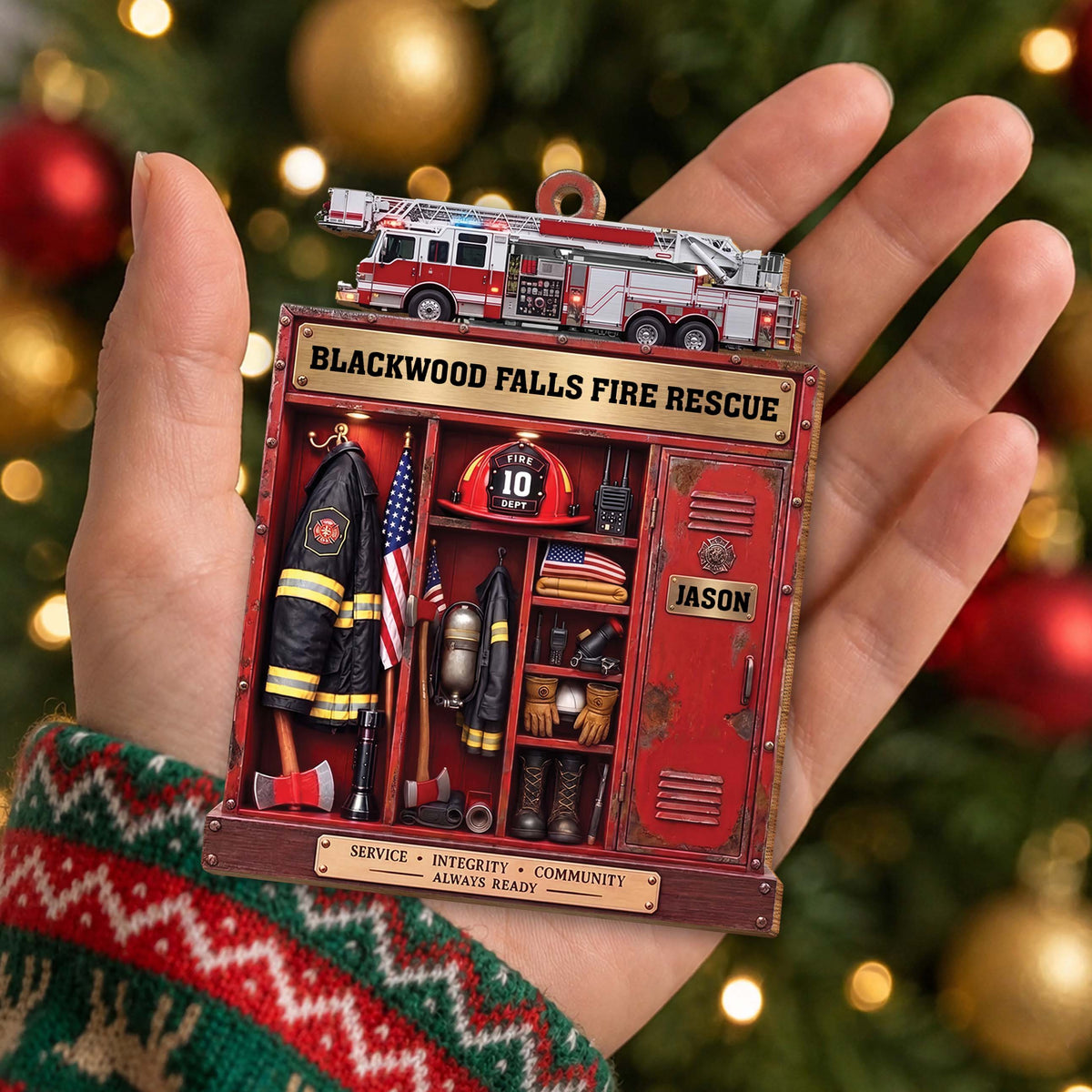 Personalized Firefighter Locker & Fire Truck Christmas Ornament – Custom Shaped Wood Ornament with Name, Firefighter Gift - FIF001_WDO