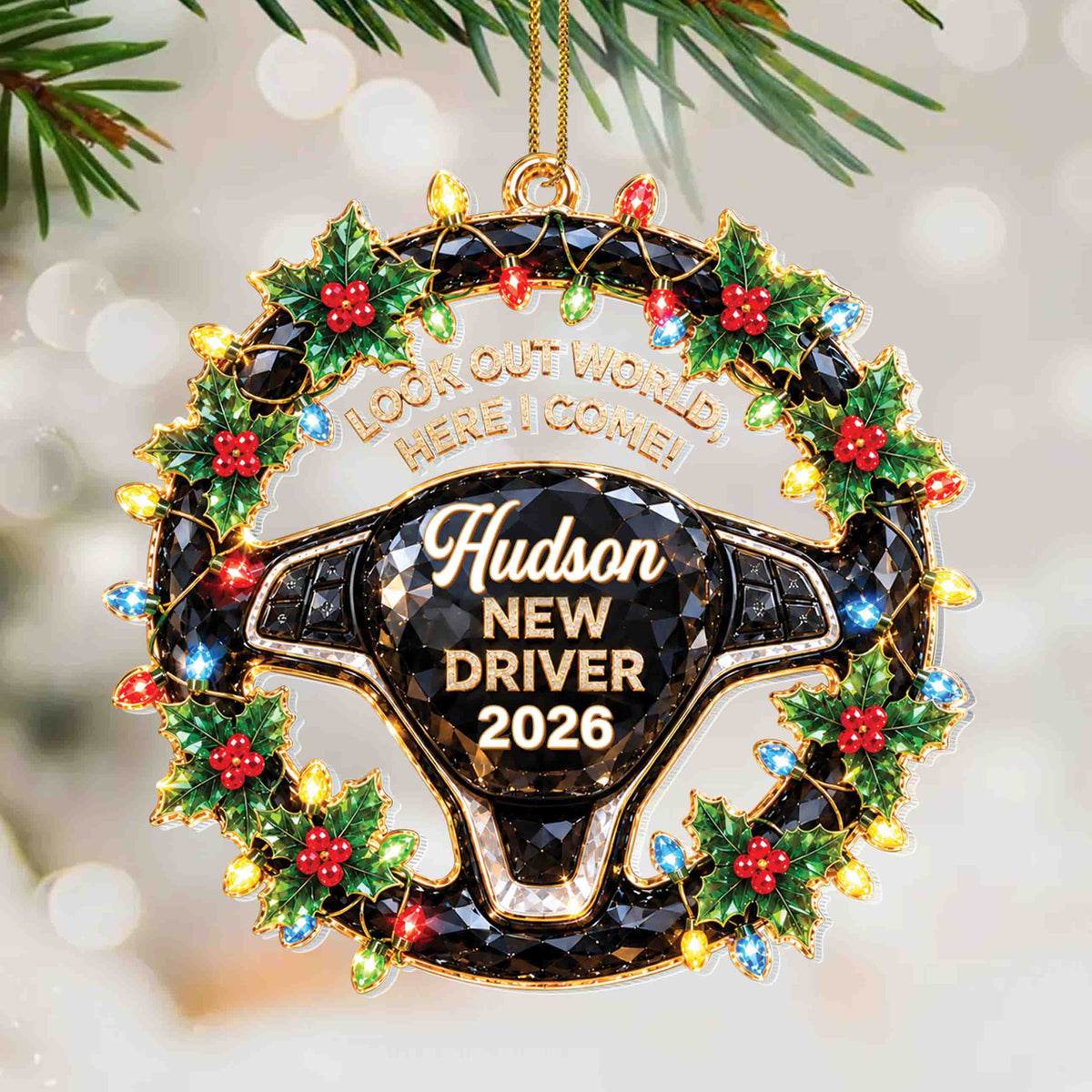 Personalized New Driver Christmas Ornament with Name & Year – Steering Wheel Acrylic Ornament – Christmas Gift for Teen Drivers - XMAS012_ACO