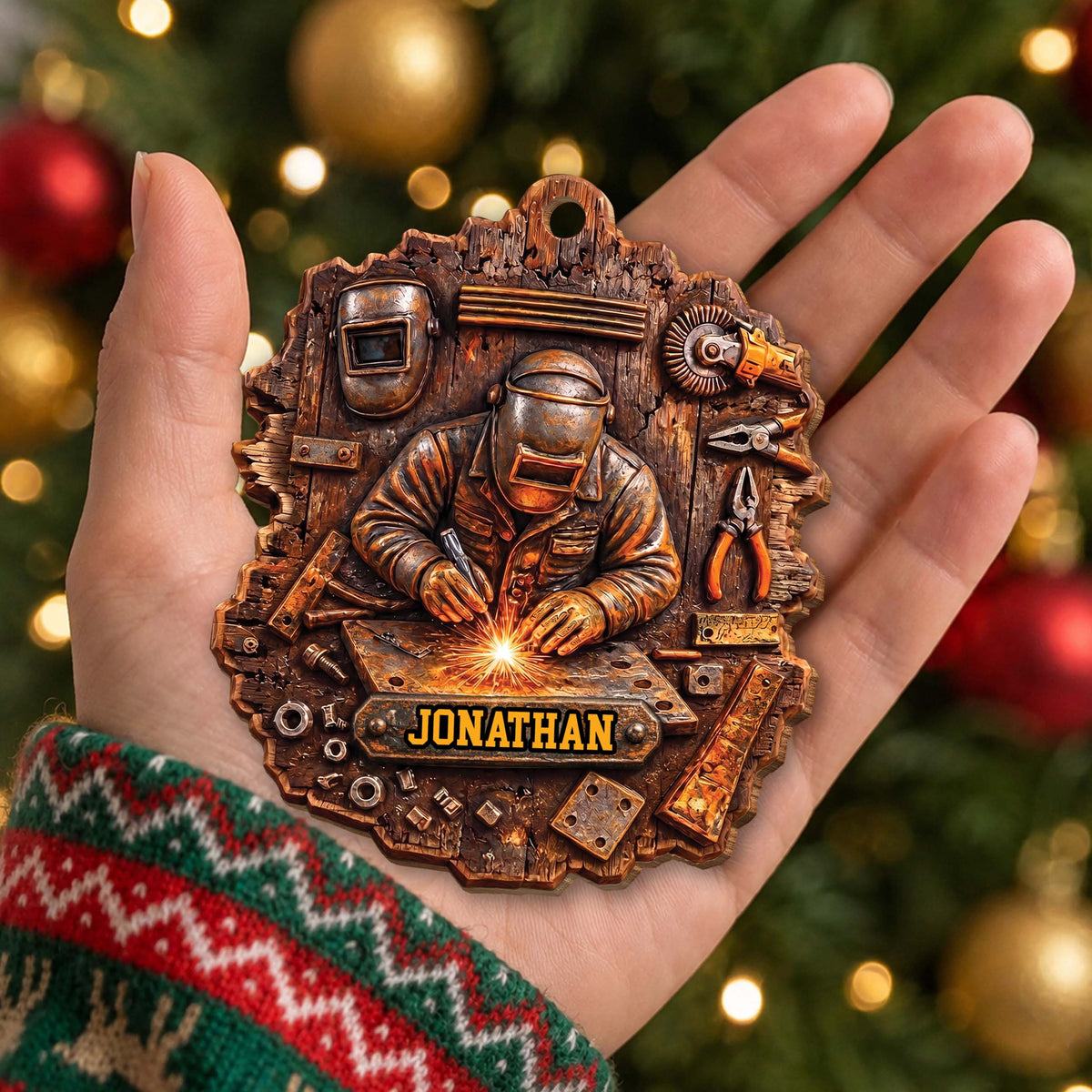 Personalized Welder Ornament With Name & Workshop Tools - Custom Rustic Wood Christmas Ornament, Welding Gift for Him - JBS007_WDO