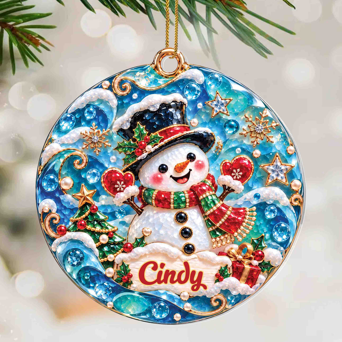 Personalized Snowman Christmas Ornament with Name – Blue Sea Glass-Inspired Acrylic Ornament – Christmas Gift for Kids - XMAS013_ACO