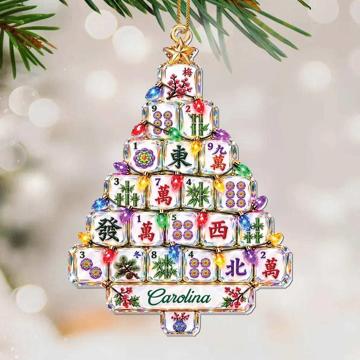 Personalized Mahjong Christmas Tree-Shaped Acrylic Ornament – Custom Name, Mahjong Tiles & Pagoda Design, Gift for Mahjong Lovers - XMAS017_ACO