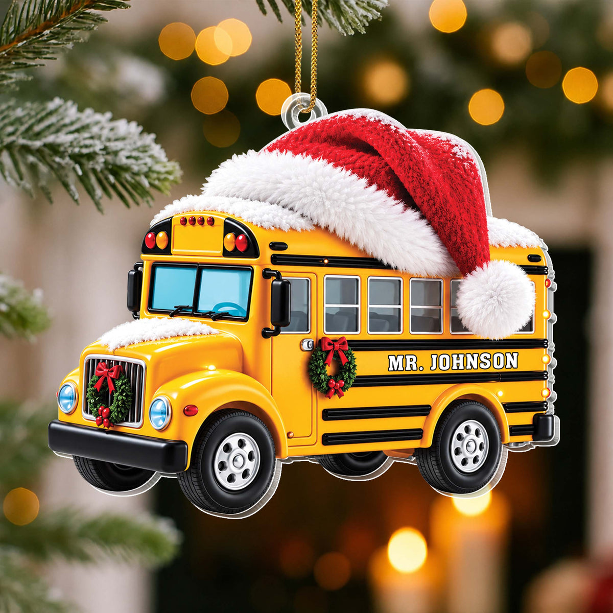 Personalized School Bus With Santa Hat & Christmas Wreath - White Acrylic Ornament - JBS004_ACO