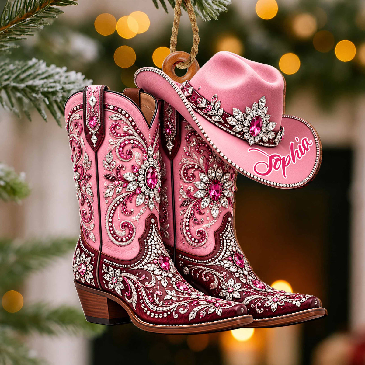 Personalized Pink Cowgirl Boots & Hat Ornament – Custom Western Christmas Ornament, Rhinestone Cowboy Gift for Her – FAM003_WDO