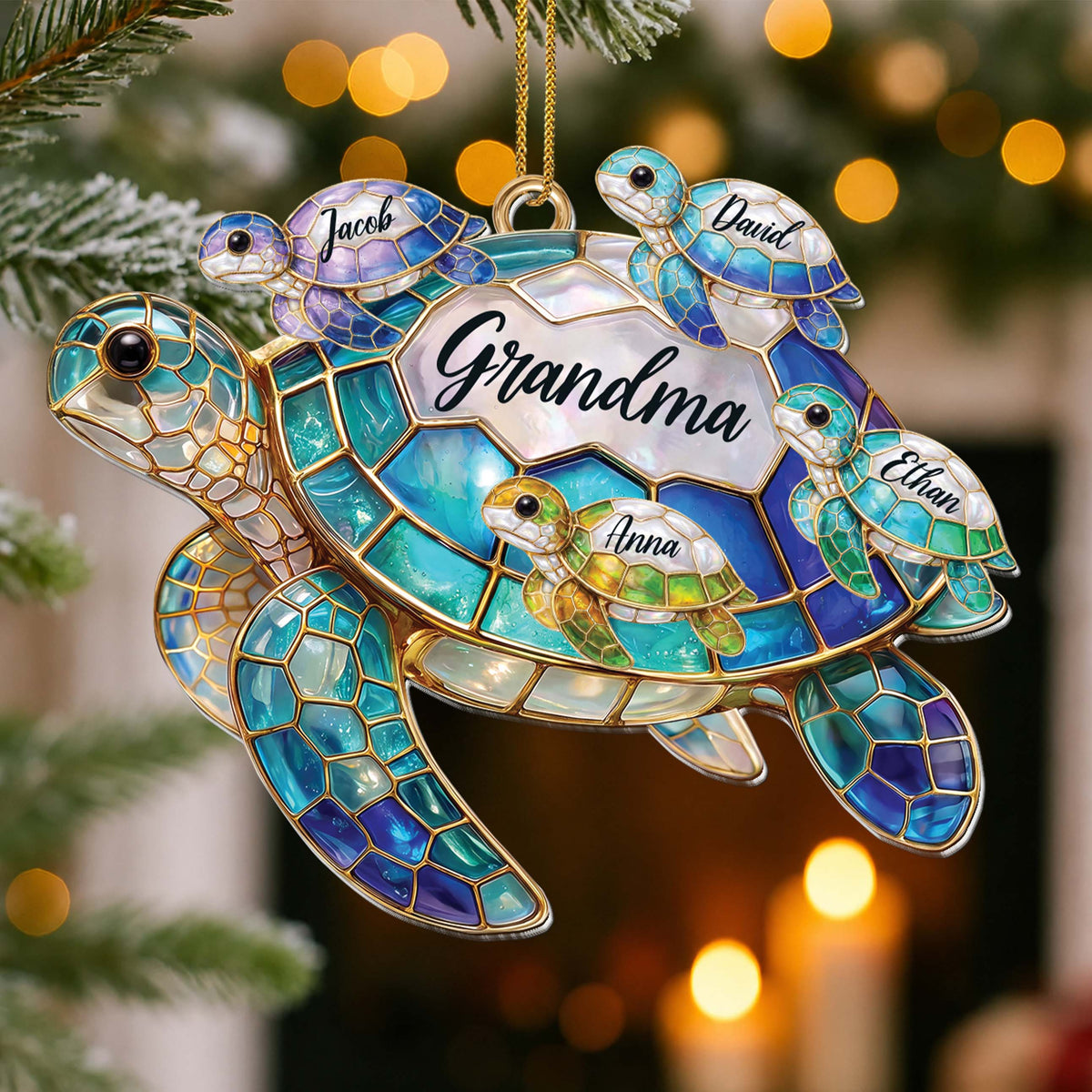 Personalized Grandma Sea Turtle Ornament With Grandkids’ Names - Custom Acrylic Christmas Ornament, Stained Glass-Inspired Turtle Family Gift for Grandma - FAM002_ACO