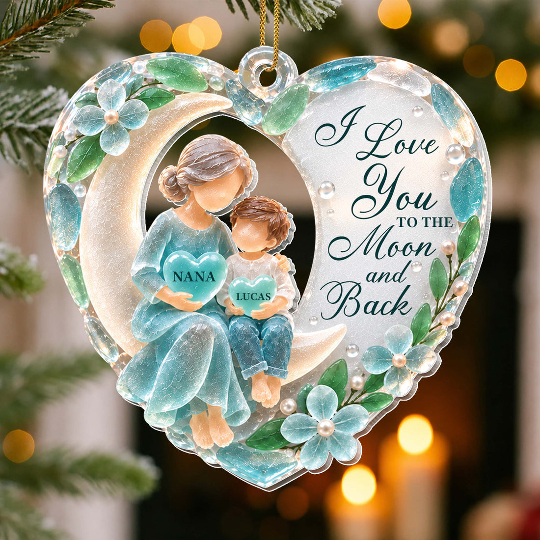 Nana & Grandson Moonlight Keepsake – Personalized Sea Glass Heart Acrylic Ornament, Christmas Gift – GRK002_ACO