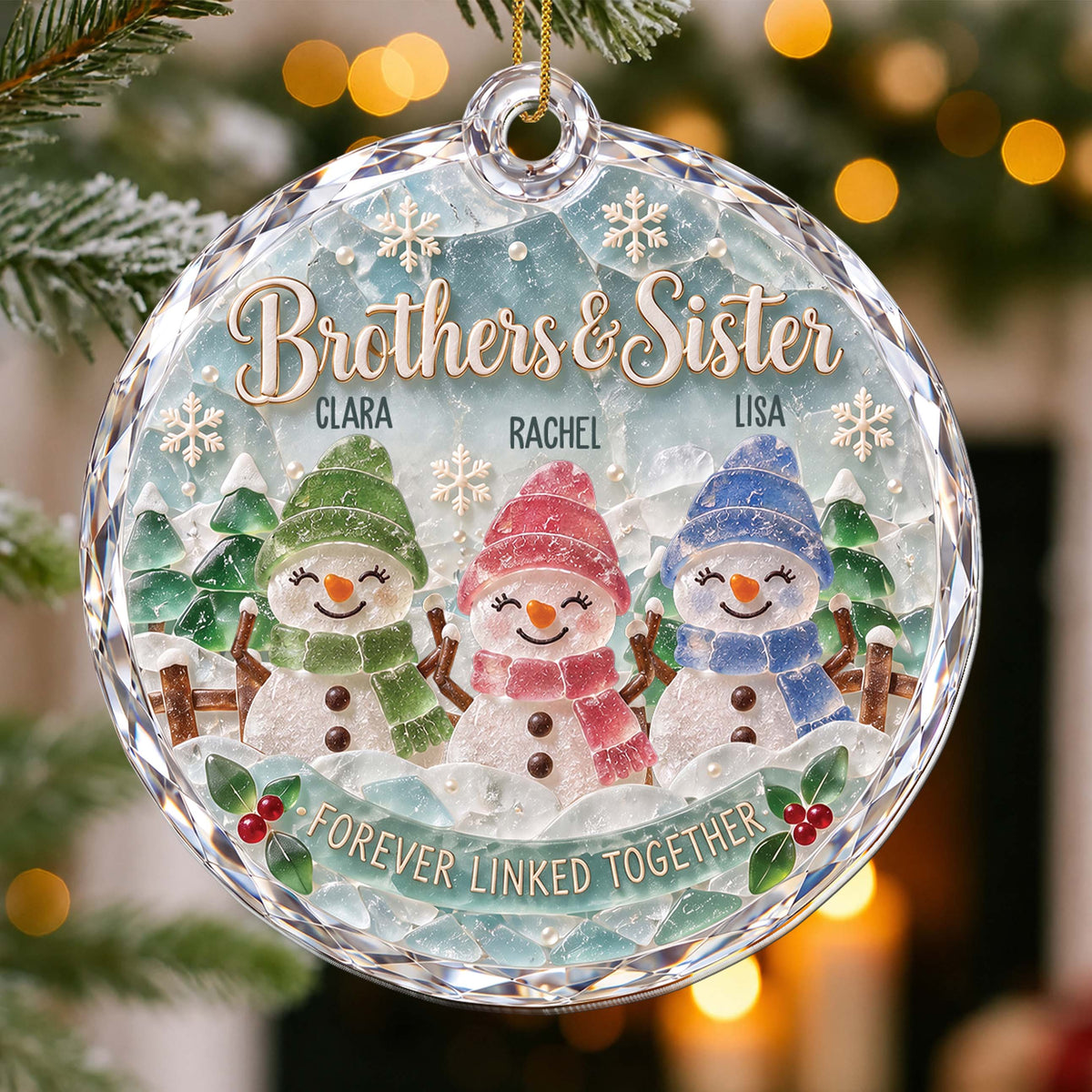 Personalized Sibling Snowman Ornament With Names - Custom Sea Glass-Inspired Acrylic Christmas Ornament, Forever Linked Together Gift for Brothers & Sisters - FAM005_ACO