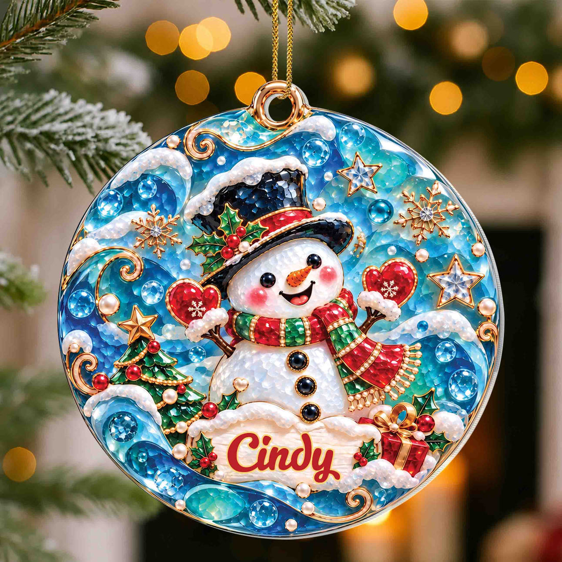 Personalized Snowman Christmas Ornament with Name – Blue Sea Glass-Inspired Acrylic Ornament – Christmas Gift for Kids - XMAS013_ACO