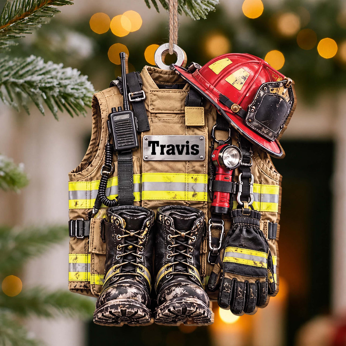 Personalized Firefighter Gear Wooden Ornament – Custom Name Firefighter Christmas Tree Decoration, Holiday Gift for Firefighter - FIF002_WDO