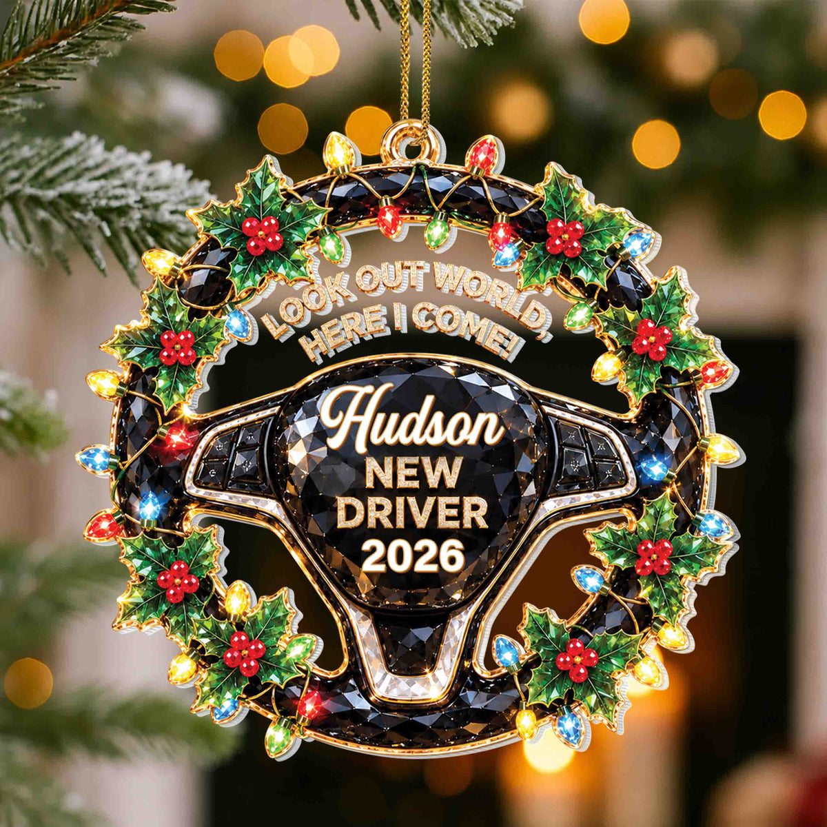 Personalized New Driver Christmas Ornament with Name & Year – Steering Wheel Acrylic Ornament – Christmas Gift for Teen Drivers - XMAS012_ACO