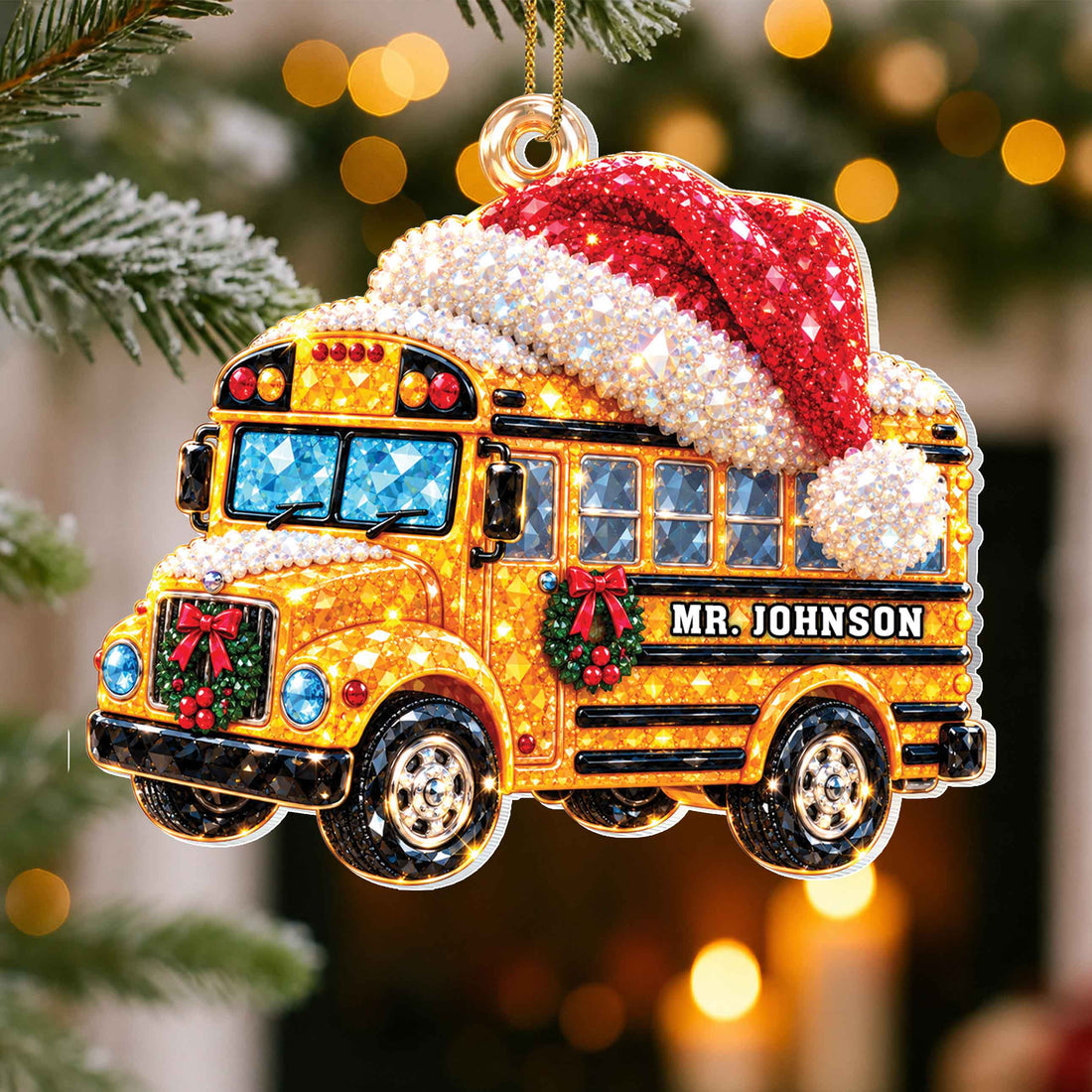 Personalized School Bus Christmas Ornament with Santa Hat & Crystal-Effect Design – White Acrylic Ornament, Bus Driver Gift – JBS005_ACO