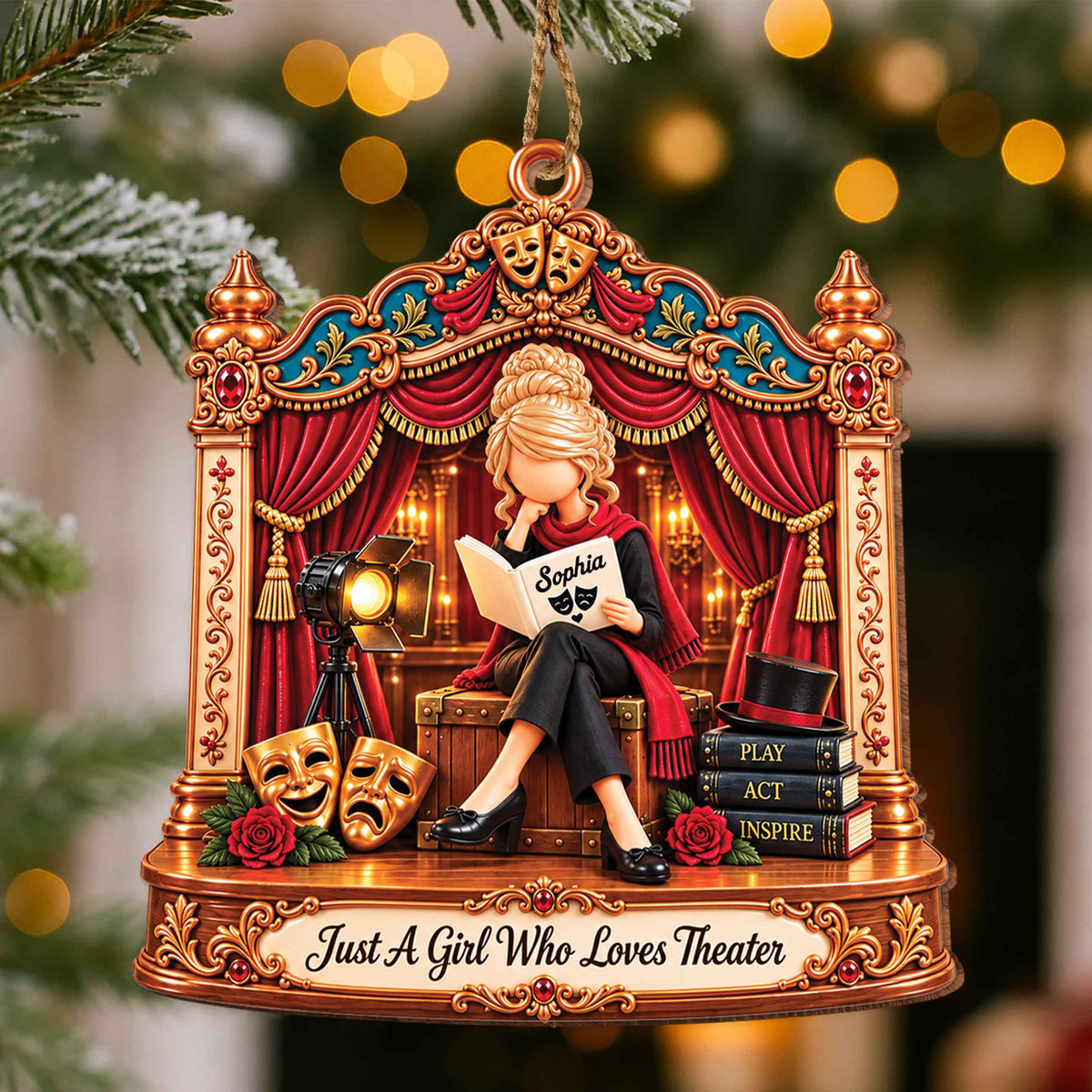 Personalized Theater Girl Wooden Ornament – Custom Name Drama Club Christmas Tree Decor, Unique Gift For Actress And Theater Lovers - HOB003_WDO