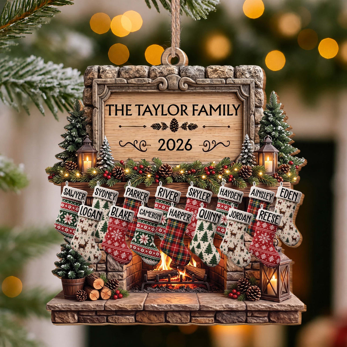 Personalized Family Fireplace Wooden Ornament – Custom Christmas Tree Decor with Stockings and Names, Festive Holiday Gift - FAM009_WDO