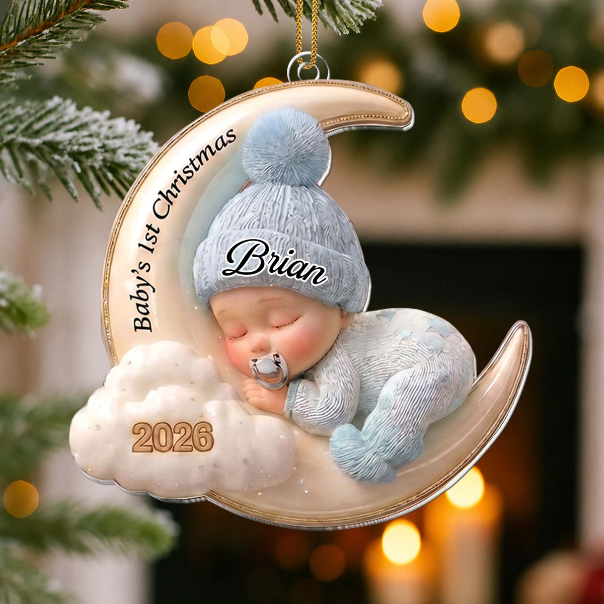 Personalized Baby's 1st Christmas Acrylic Ornament – Custom Name Blue Moon and Cloud Christmas Tree Keepsake, Baby Boy Holiday Gift - XMAS011_ACO