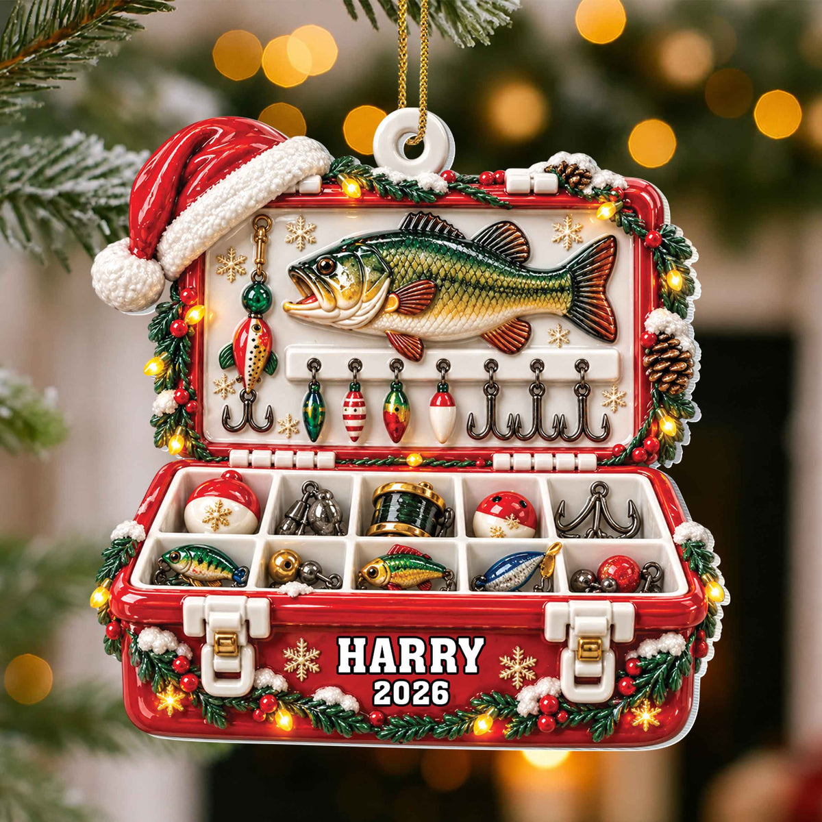 Personalized Fishing Tackle Box Custom Wood Ornament – Unique Christmas Tree Decoration, Custom Name Holiday Gift for Fisherman - XMAS022_WDO