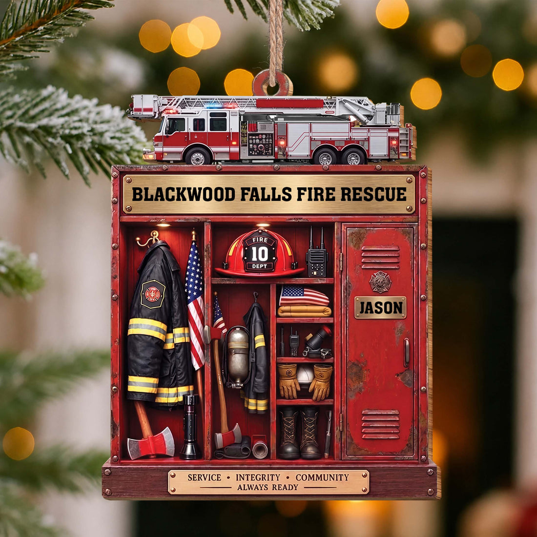 Personalized Firefighter Locker & Fire Truck Christmas Ornament – Custom Shaped Wood Ornament with Name, Firefighter Gift - FIF001_WDO