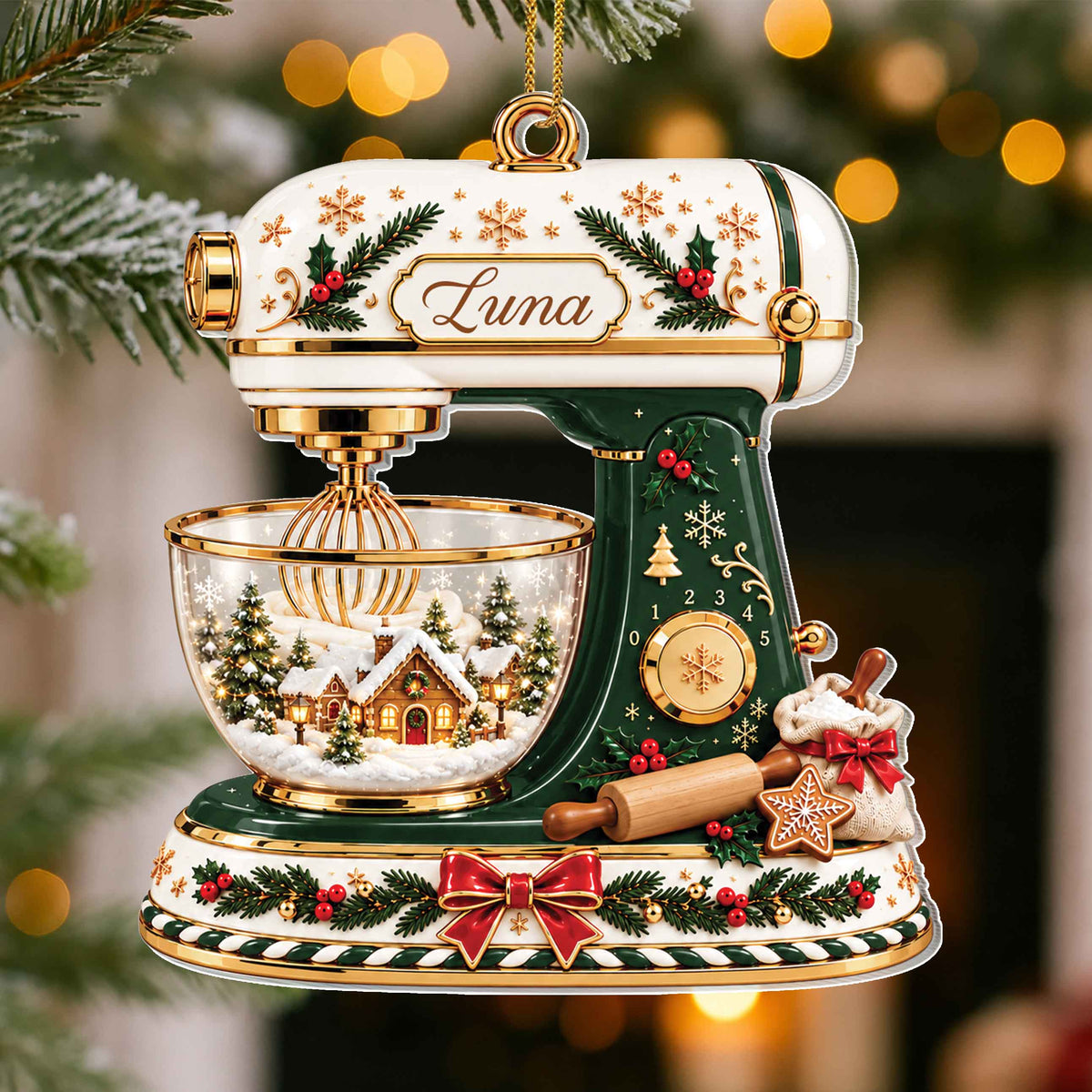 Personalized Stand Mixer Christmas Ornament with Name & Winter Village – Custom Acrylic Ornament, Christmas Gift for Bakers & Baking Lovers - XMAS006_ACO