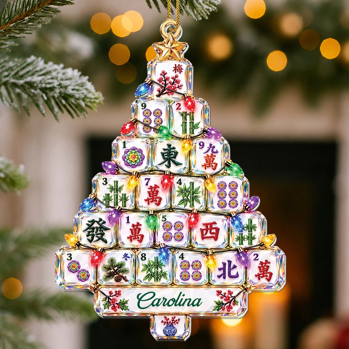 Personalized Mahjong Christmas Tree-Shaped Acrylic Ornament – Custom Name, Mahjong Tiles & Pagoda Design, Gift for Mahjong Lovers - XMAS017_ACO
