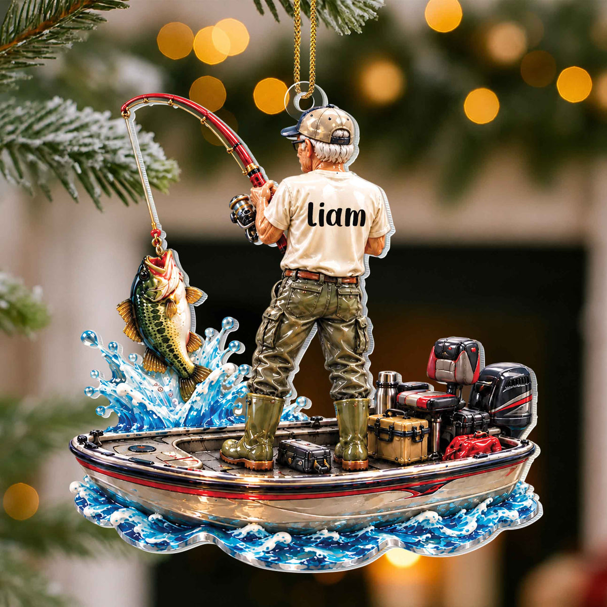 Personalized Fisherman Catching Bass Acrylic Ornament – Custom Name Christmas Tree Holiday Keepsake, Fishing Lover Gift - XMAS023_ACO