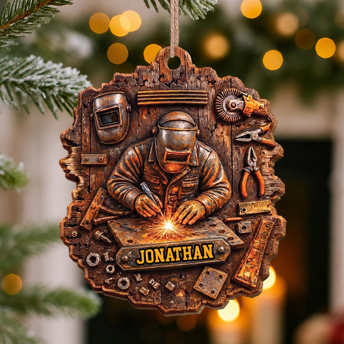 Personalized Welder Ornament With Name & Workshop Tools - Custom Rustic Wood Christmas Ornament, Welding Gift for Him - JBS007_WDO
