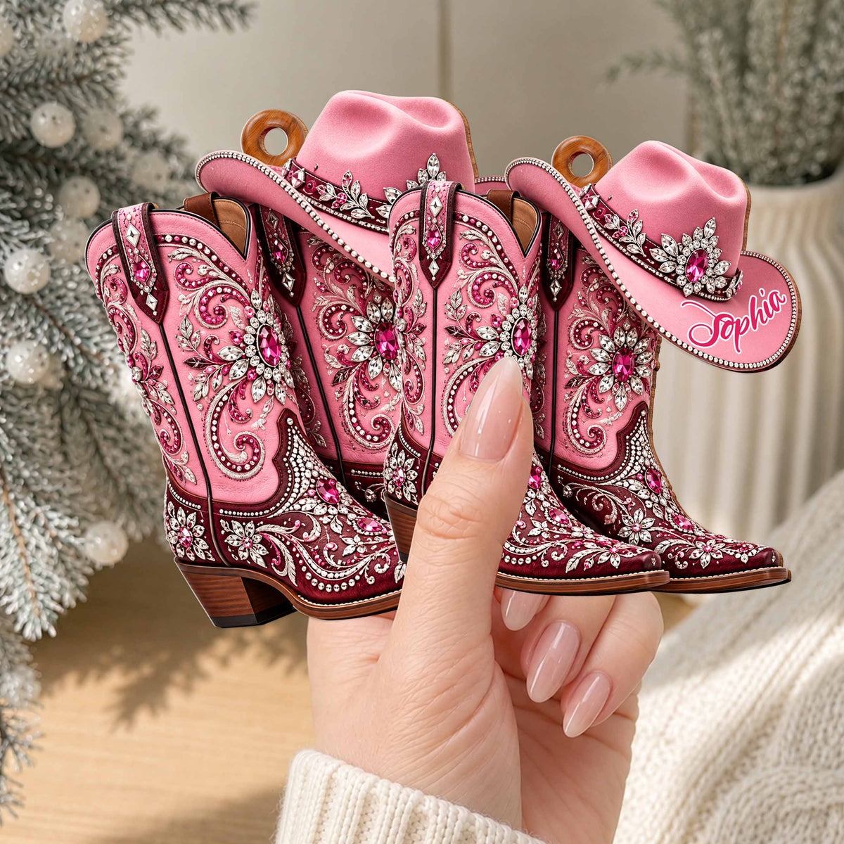 Personalized Pink Cowgirl Boots & Hat Ornament – Custom Western Christmas Ornament, Rhinestone Cowboy Gift for Her – FAM003_WDO