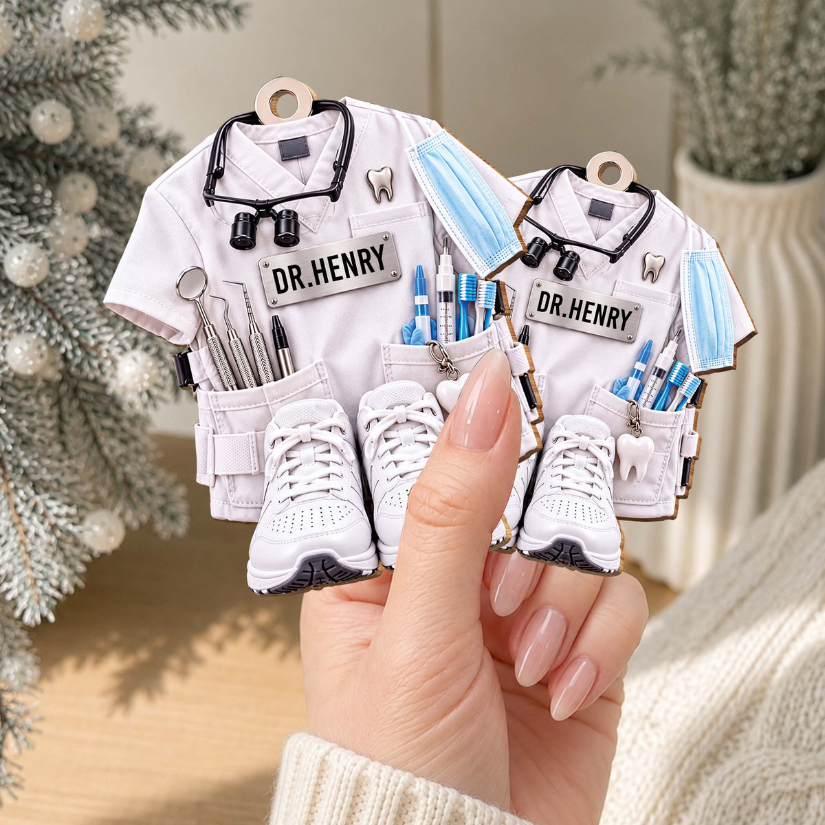 Personalized Dentist Wooden Ornament – Custom Name Dental Scrub Uniform Christmas Tree Keepsake, Dentist Appreciation Gift - DOC001_WDO