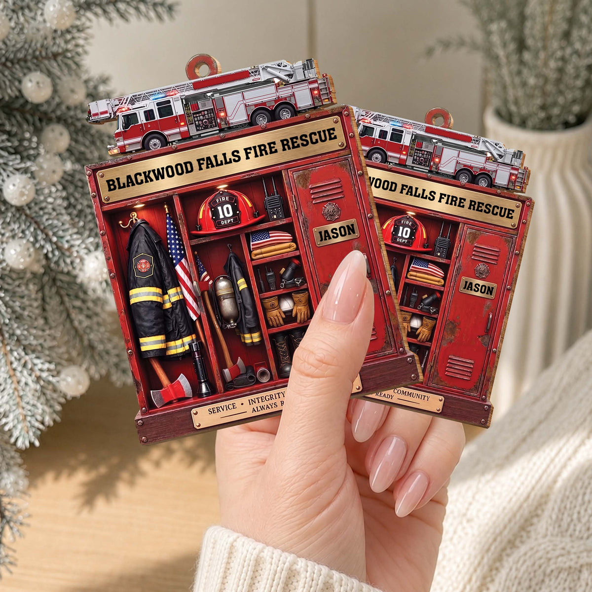 Personalized Firefighter Locker & Fire Truck Christmas Ornament – Custom Shaped Wood Ornament with Name, Firefighter Gift - FIF001_WDO