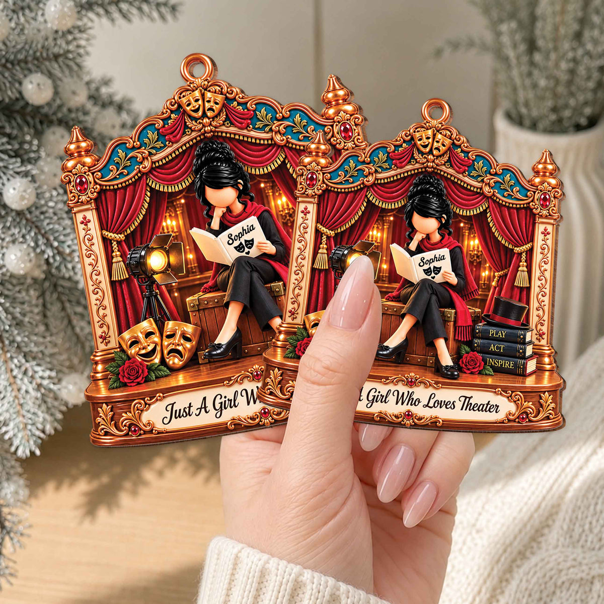 Personalized Theater Girl Wooden Ornament – Custom Name Drama Club Christmas Tree Decor, Unique Gift For Actress And Theater Lovers - HOB003_WDO