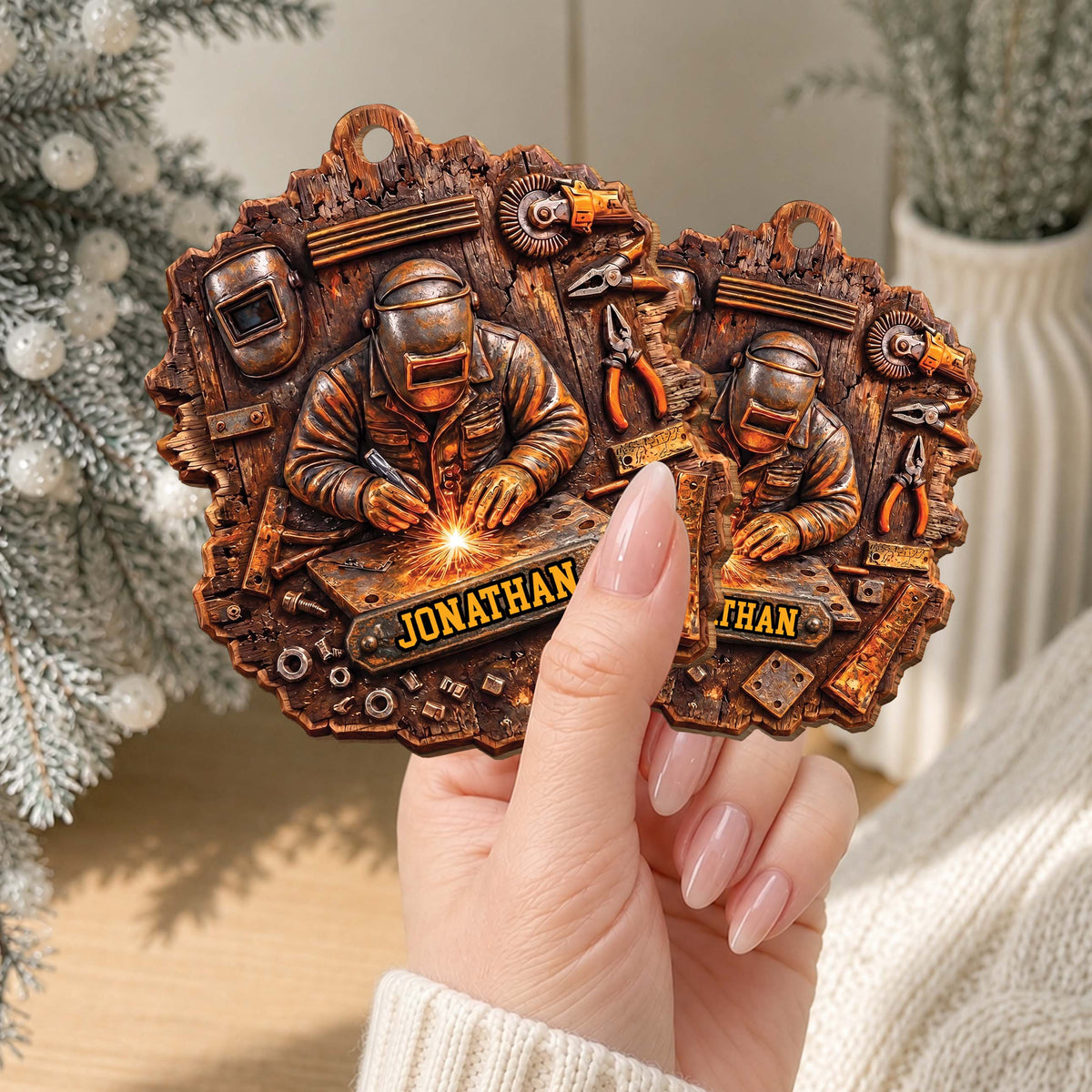 Personalized Welder Ornament With Name & Workshop Tools - Custom Rustic Wood Christmas Ornament, Welding Gift for Him - JBS007_WDO
