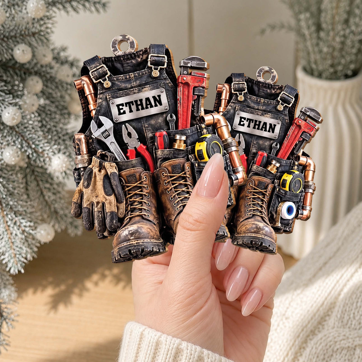 Personalized Plumber Tool Vest Wooden Ornament – Custom Name Handyman Christmas Tree Holiday Keepsake - JBS014_WDO