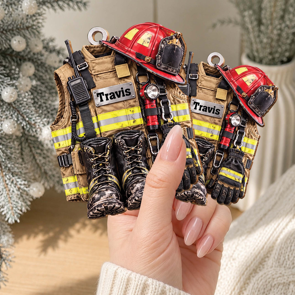 Personalized Firefighter Gear Wooden Ornament – Custom Name Firefighter Christmas Tree Decoration, Holiday Gift for Firefighter - FIF002_WDO