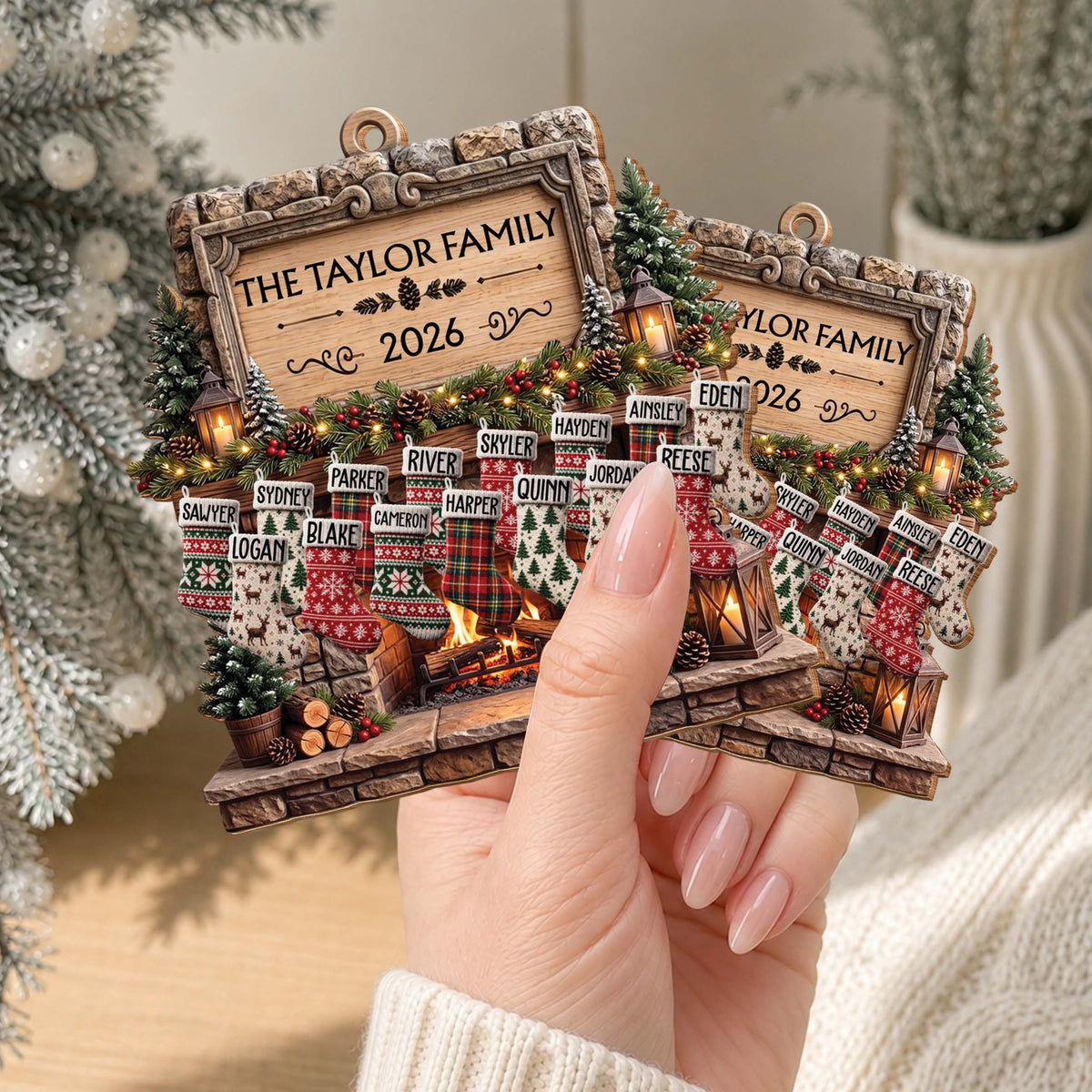 Personalized Family Fireplace Wooden Ornament – Custom Christmas Tree Decor with Stockings and Names, Festive Holiday Gift - FAM009_WDO