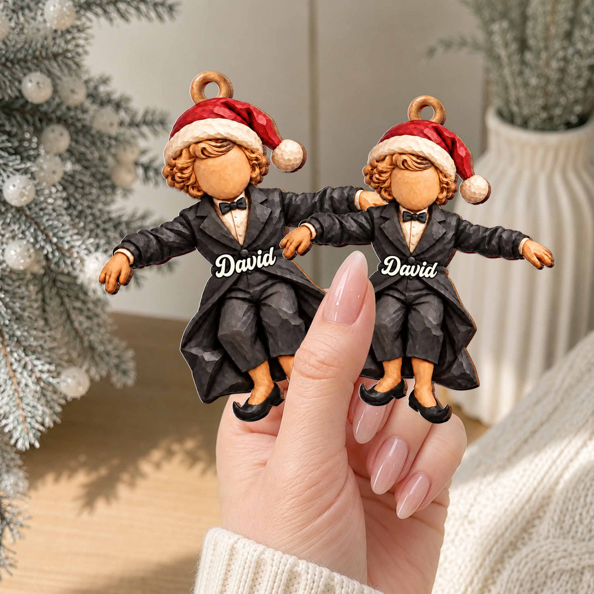Personalized Boy in Suit Wooden Ornament – Custom Name Christmas Tree Hanging Decor, Festive Holiday Gift - XMAS029_WDO