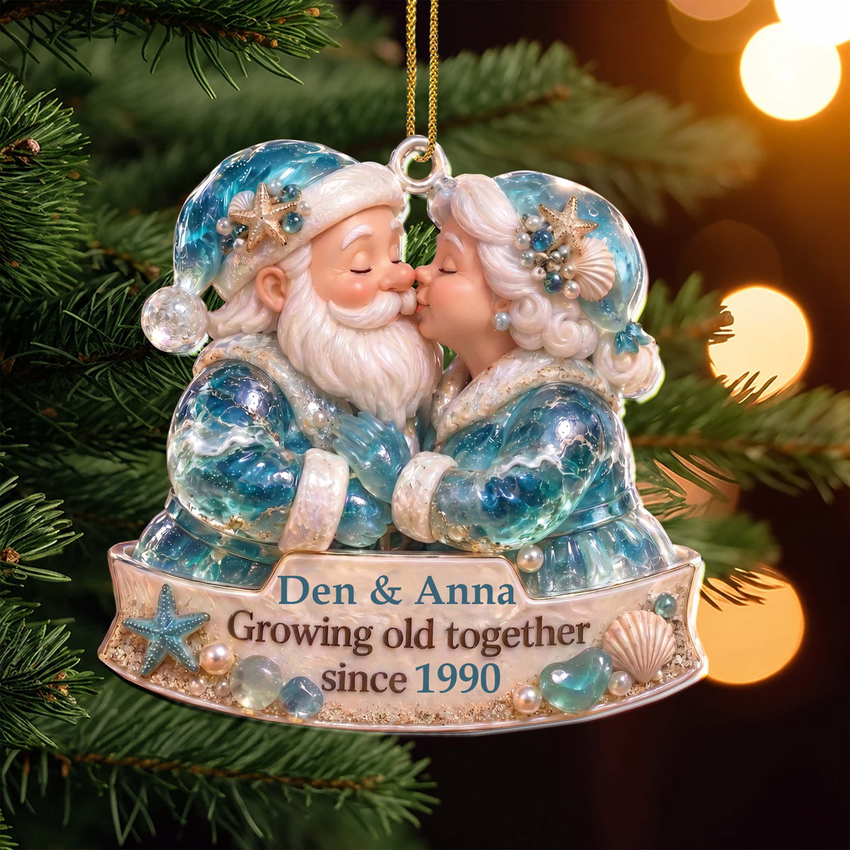 Personalized Santa Couple Christmas Ornament – Ocean-Themed Custom Acrylic Ornament, Growing Old Together Anniversary Gift – CPL002_ACO