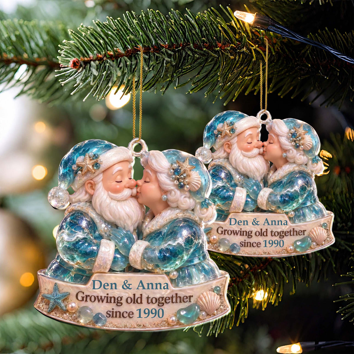 Personalized Santa Couple Christmas Ornament – Ocean-Themed Custom Acrylic Ornament, Growing Old Together Anniversary Gift – CPL002_ACO