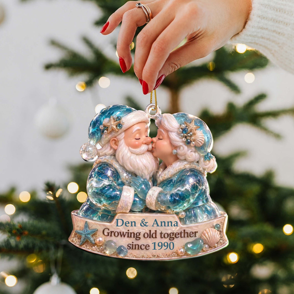 Personalized Santa Couple Christmas Ornament – Ocean-Themed Custom Acrylic Ornament, Growing Old Together Anniversary Gift – CPL002_ACO