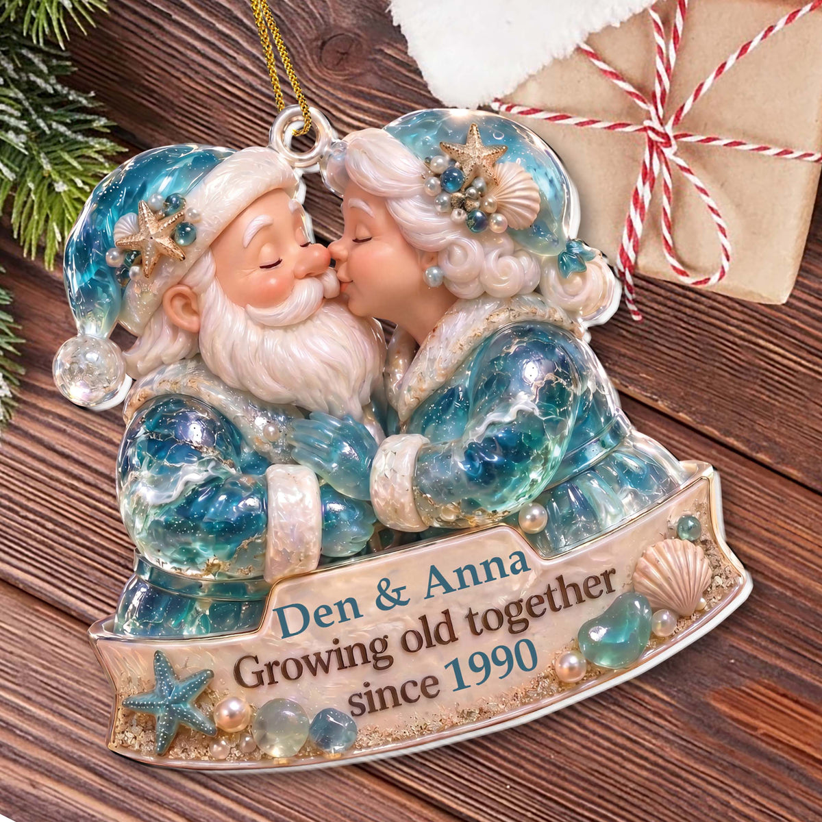 Personalized Santa Couple Christmas Ornament – Ocean-Themed Custom Acrylic Ornament, Growing Old Together Anniversary Gift – CPL002_ACO
