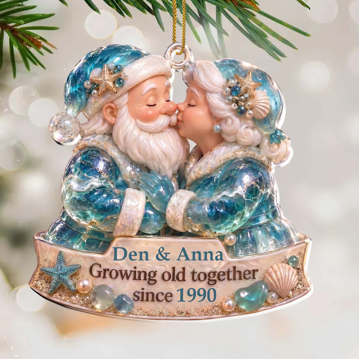 Personalized Santa Couple Christmas Ornament – Ocean-Themed Custom Acrylic Ornament, Growing Old Together Anniversary Gift – CPL002_ACO