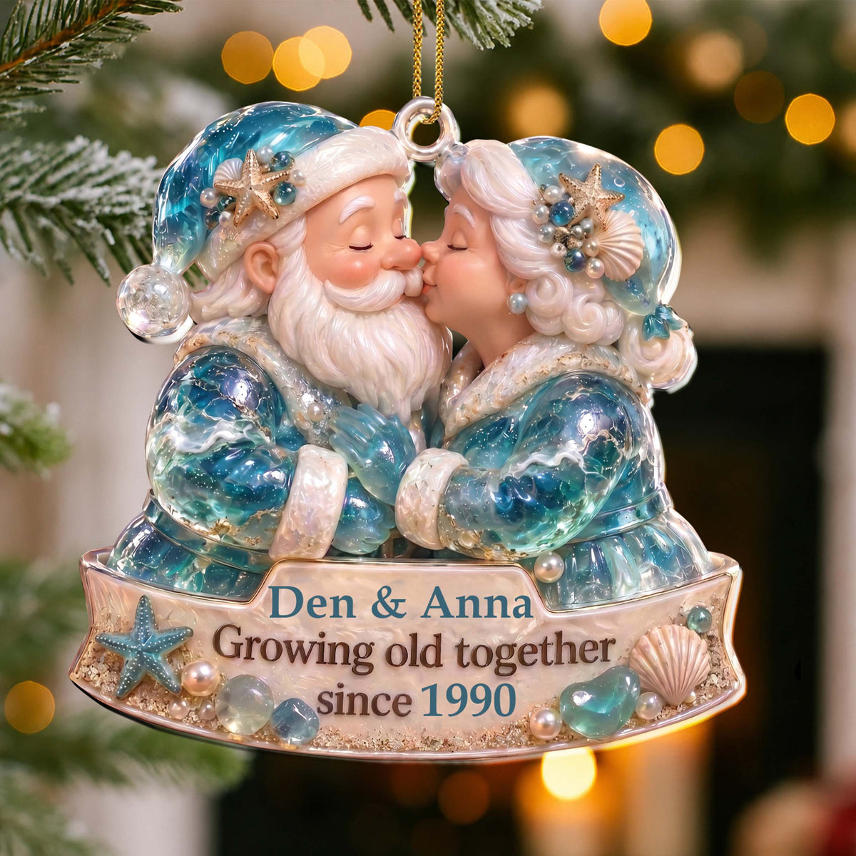 Personalized Santa Couple Christmas Ornament – Ocean-Themed Custom Acrylic Ornament, Growing Old Together Anniversary Gift – CPL002_ACO