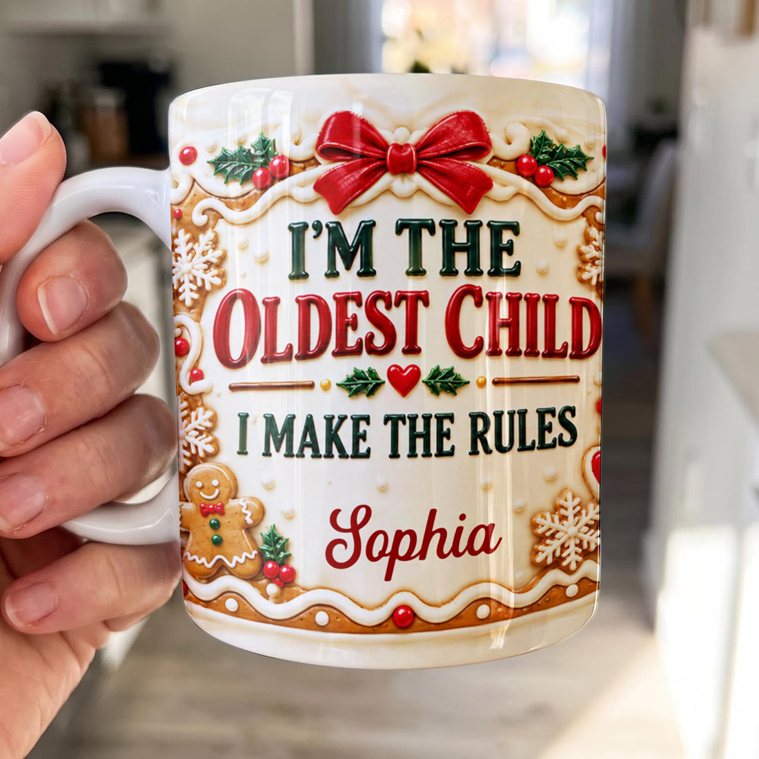 Personalized Oldest Child Christmas Ceramic Mug – Custom Name Holiday Cookie Gingerbread Design, Funny Sibling Gift - FAM008_MG