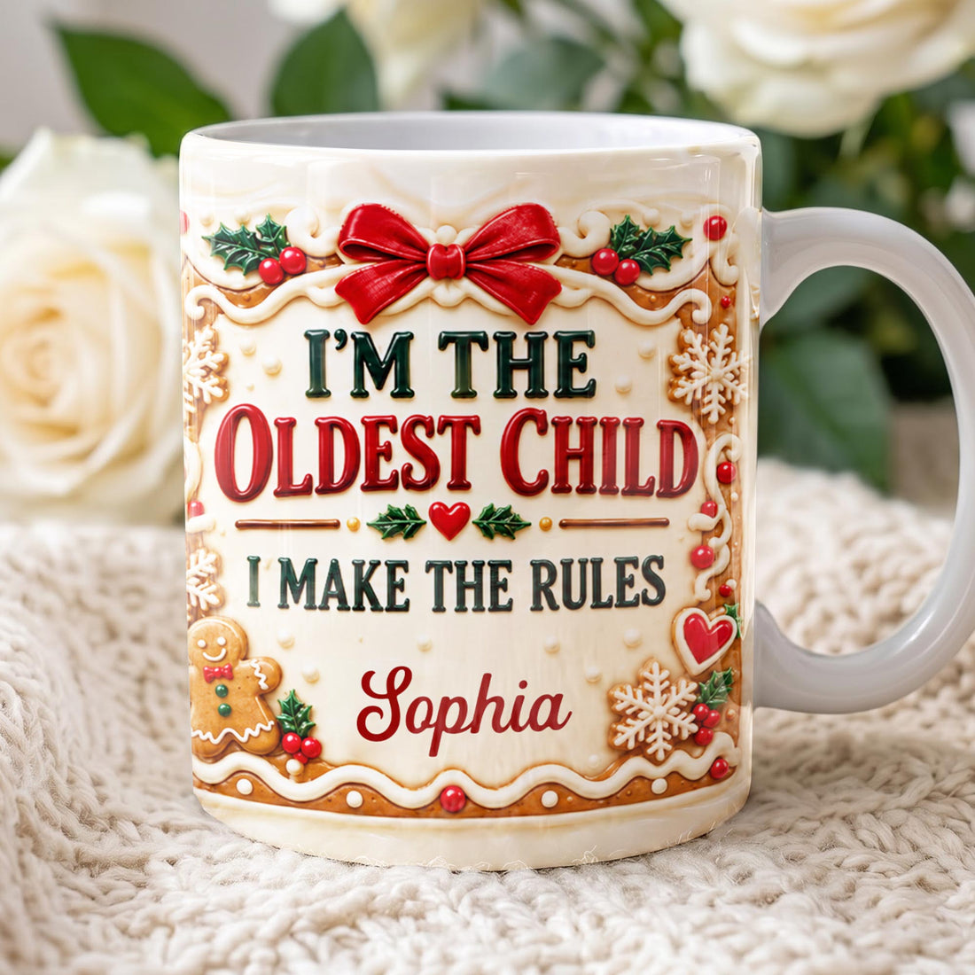 Personalized Oldest Child Christmas Ceramic Mug – Custom Name Holiday Cookie Gingerbread Design, Funny Sibling Gift - FAM008_MG