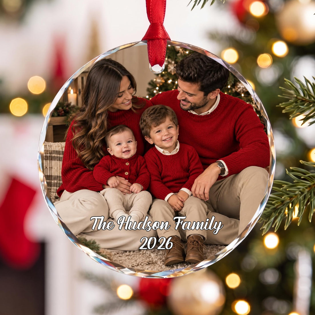 Personalized The Hudson Family 2026 Circle Glass Ornament – Custom Family Name Christmas Tree Keepsake, Holiday Decor Gift - FAM011_RGO